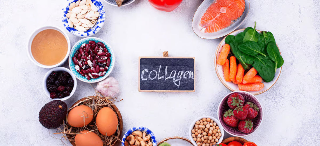 A board with the word collagen and sources of collagen spread around it