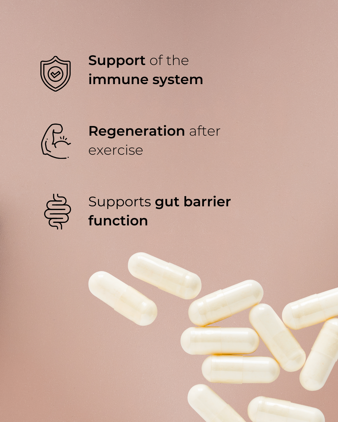 Capsules of Primabiotic Colostrum supplement with text about immune support, regeneration, and gut barrier function